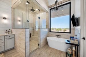 Luxury master bathroom with walk-in shower and modern tile design Arizona