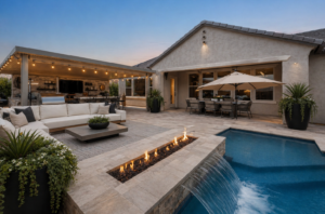 Luxury design-build backyard in Queen Creek, AZ, featuring a modern linear fire pit, swimming pool with waterfall, and a full outdoor kitchen and lounge area.